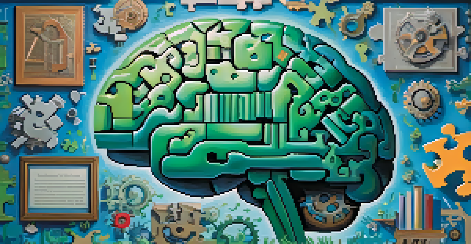 An abstract image of a brain made of puzzle pieces, each symbolizing different aspects of knowledge, set against a blue and green gradient background.