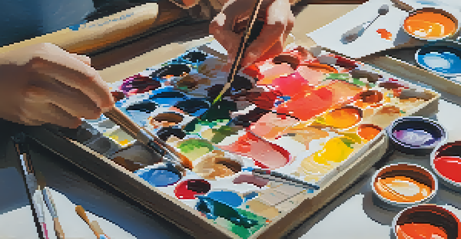 A close-up of a person painting on a canvas with colorful art supplies.