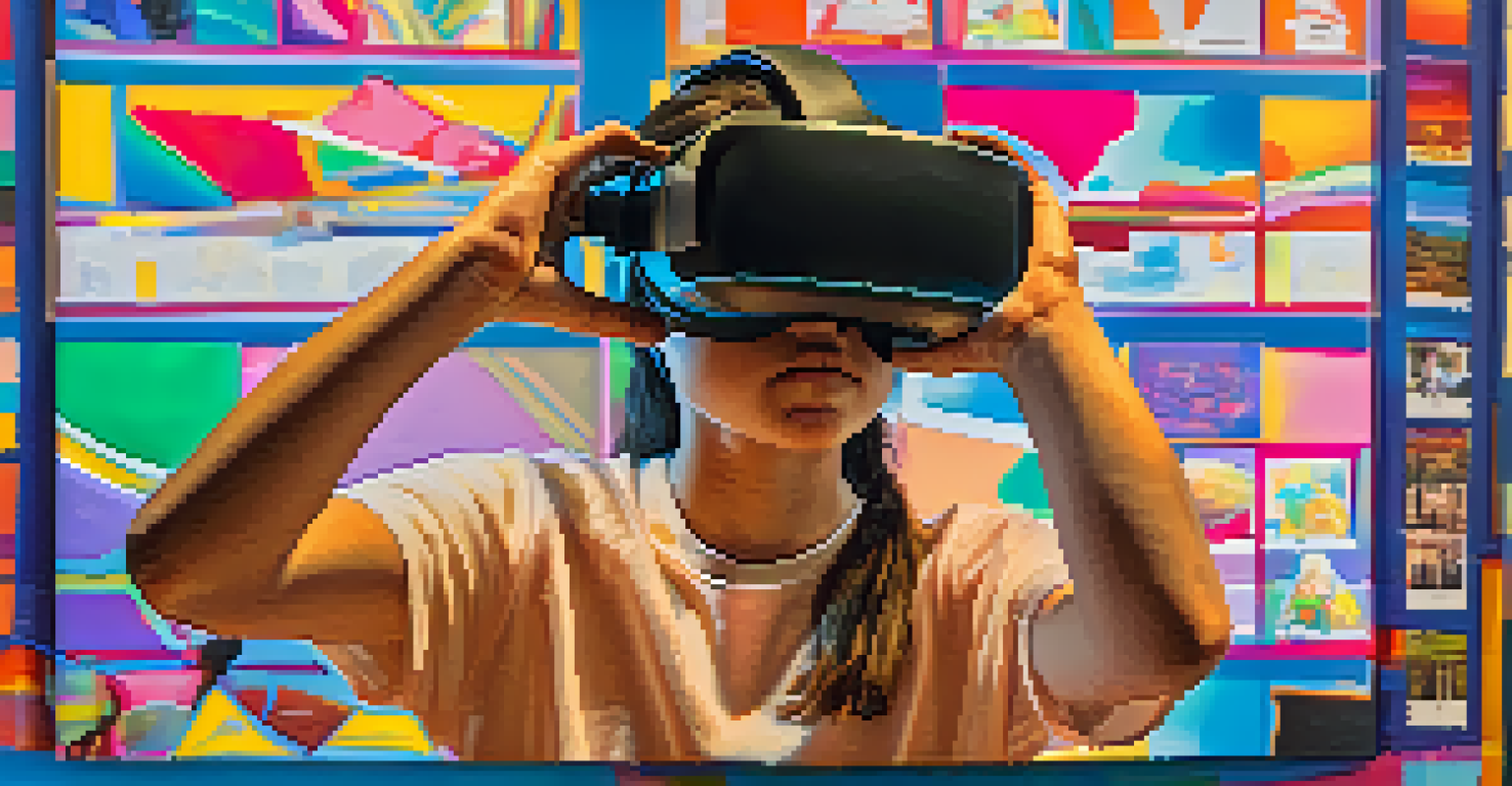 A close-up of a student's hands adjusting a VR headset, with educational simulations in the background.
