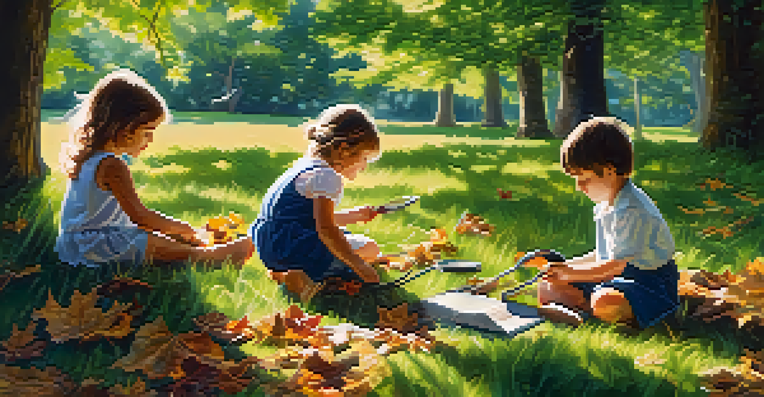 Children exploring nature outdoors, using magnifying glasses and collecting leaves, surrounded by lush greenery and sunlight filtering through the trees.
