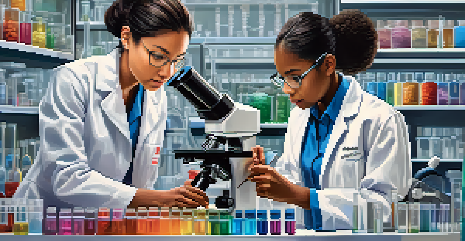 A female scientist mentoring a young girl in a lab, both looking at a petri dish under a microscope with scientific equipment in the background.