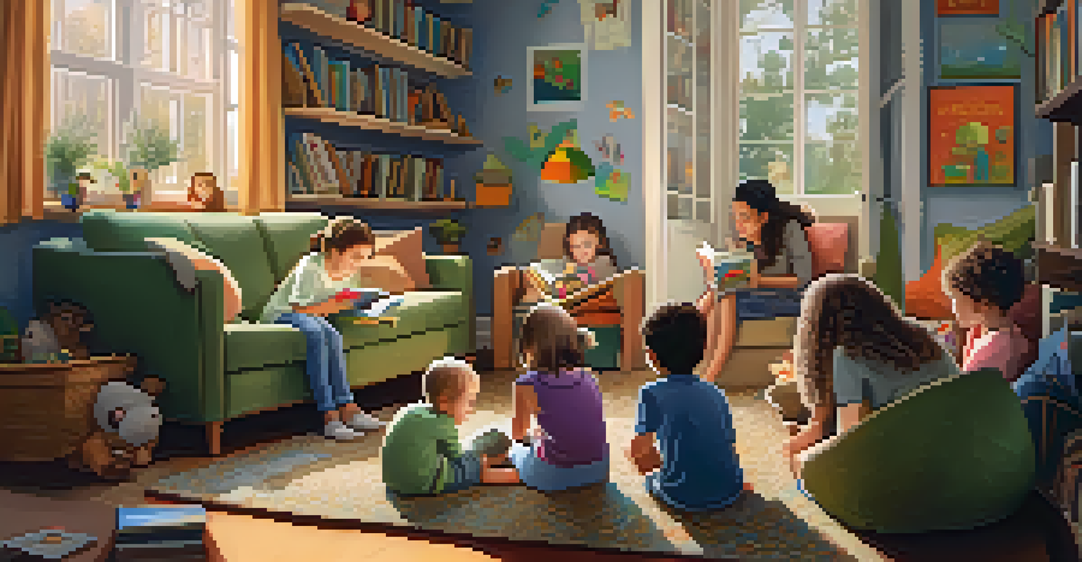 A cozy living room scene with children listening to a story, showcasing the role of adults in facilitating play.