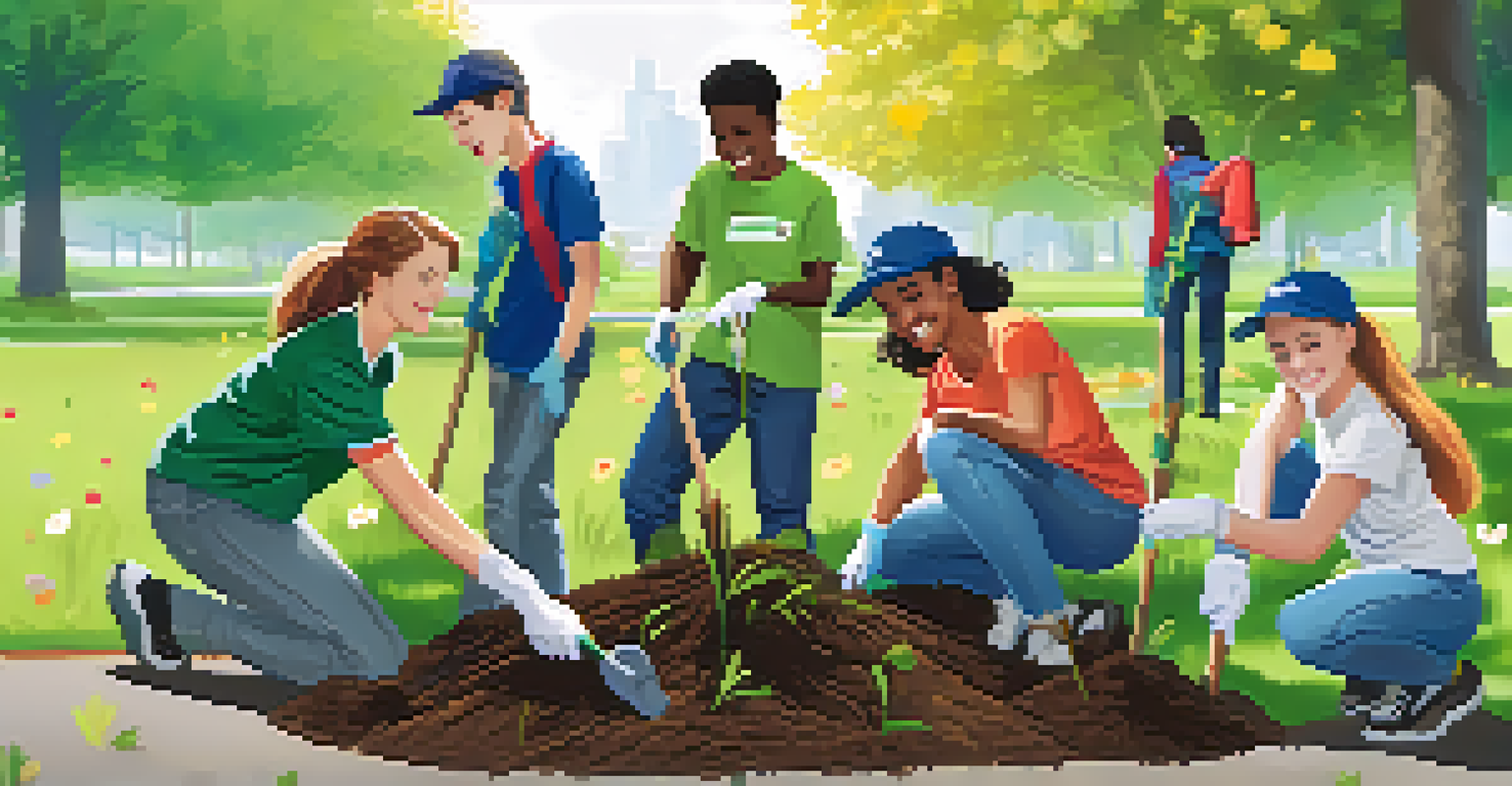 Students planting trees together in a park, smiling and working collaboratively on a community service project under a sunny sky.
