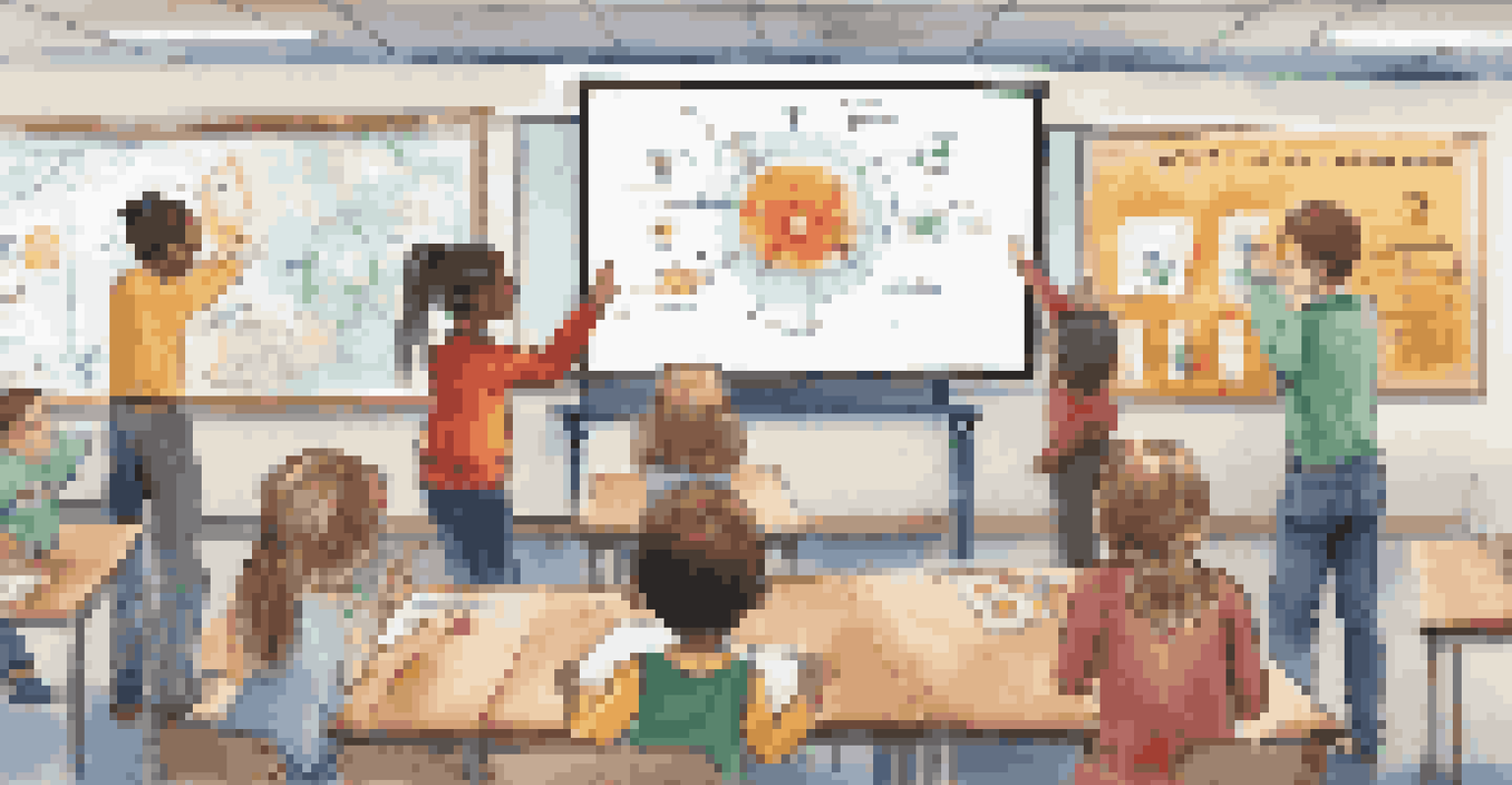 Students participating in a gamified classroom activity with a smartboard displaying points and challenges, filled with excitement and collaboration.