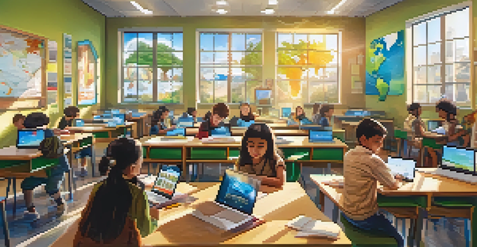 A diverse group of students in a bright classroom using augmented reality devices to explore a virtual globe, with digital data on climate change visible.