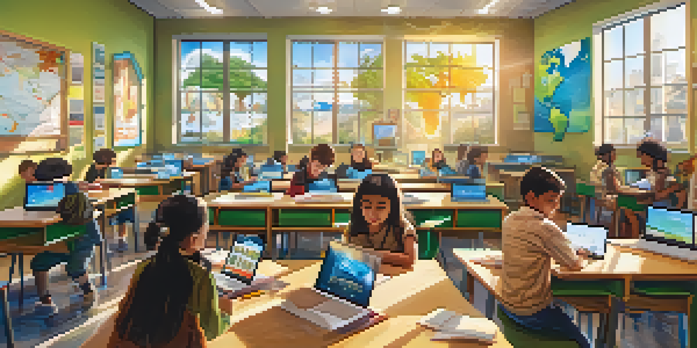 A diverse group of students in a bright classroom using augmented reality devices to explore a virtual globe, with digital data on climate change visible.