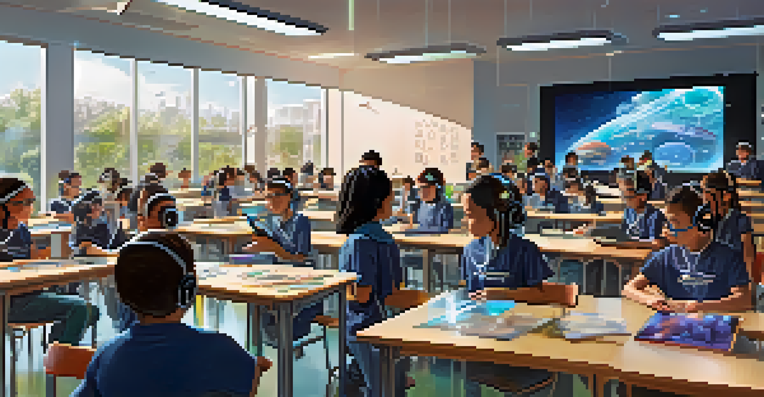 A futuristic classroom with students using augmented reality headsets, engaged with holographic displays of 3D models.