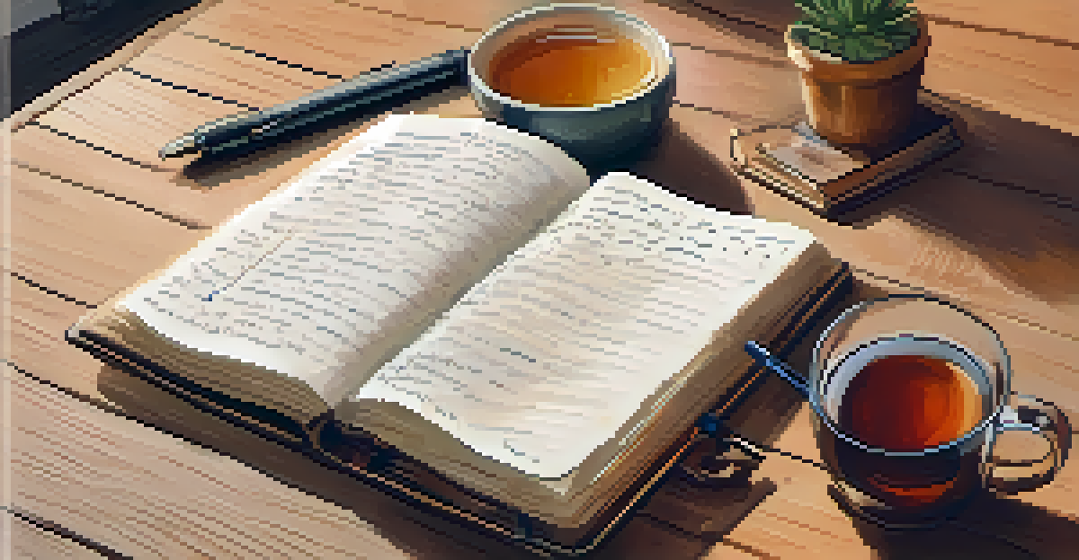 An open journal on a table, with a pen and a cup of tea, set in a cozy room, representing reflection and personal growth.