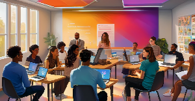 A diverse group of students participating in a virtual classroom discussion on their computers, creating a collaborative online learning environment.