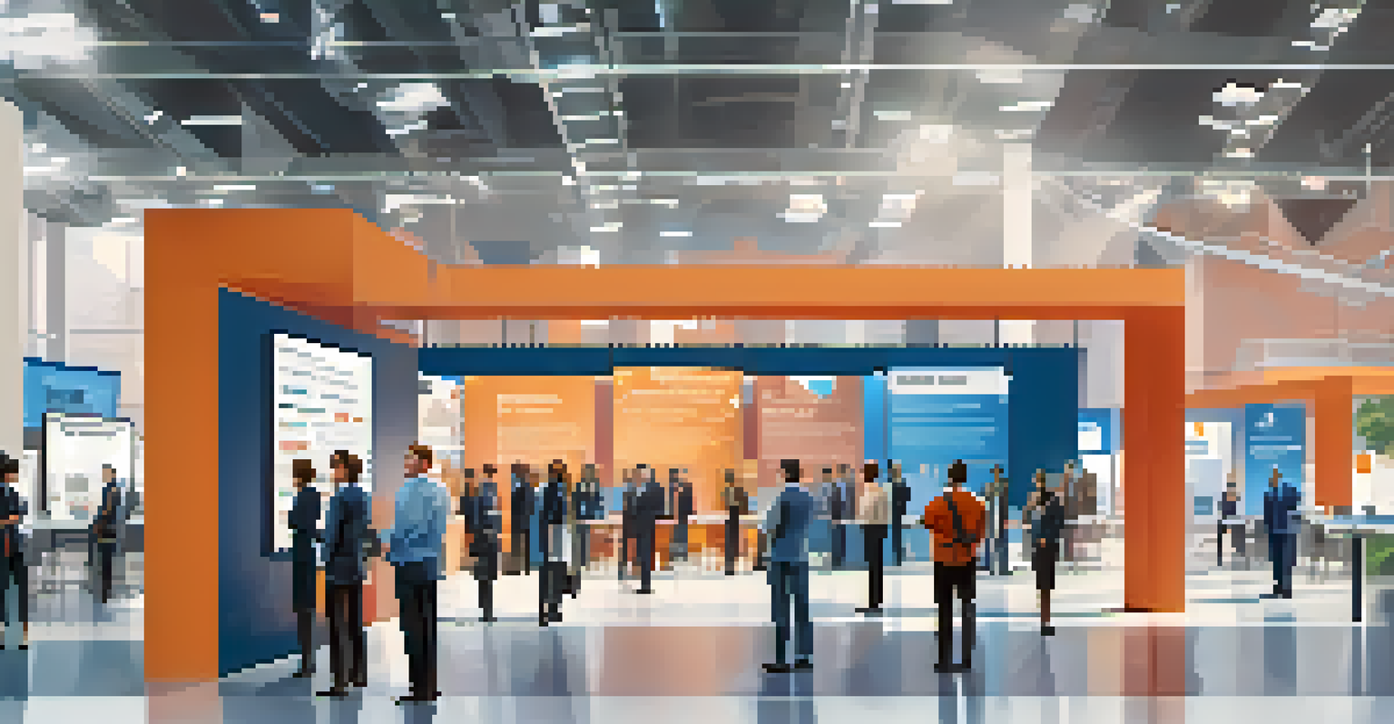 A futuristic job fair scene with candidates presenting their Open Badges on digital screens to employers.