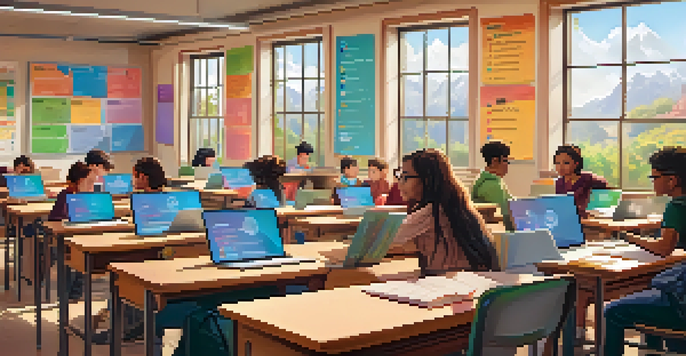 A digital classroom filled with diverse students actively participating in online assessments, illuminated by natural sunlight.