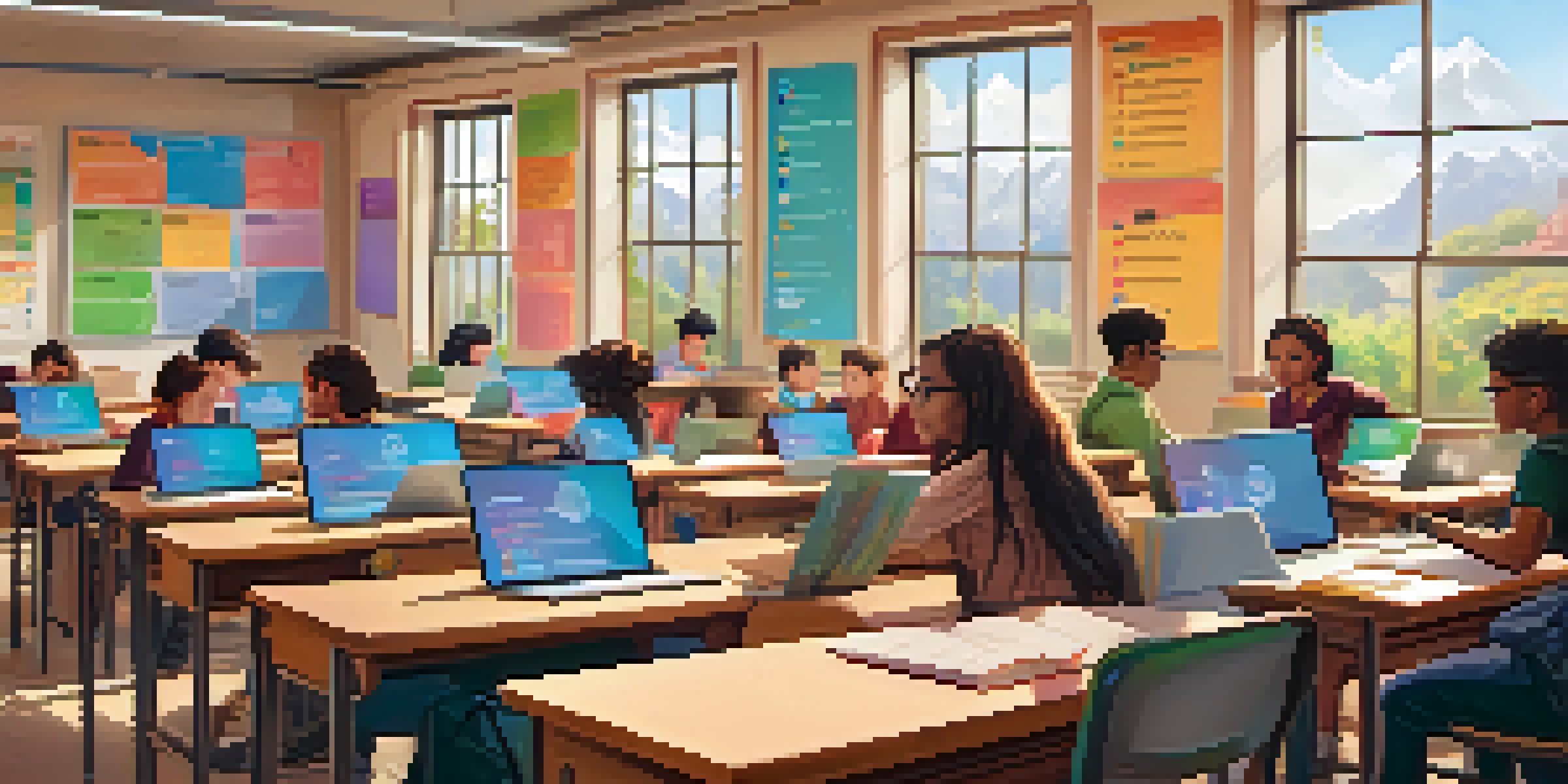 A digital classroom filled with diverse students actively participating in online assessments, illuminated by natural sunlight.