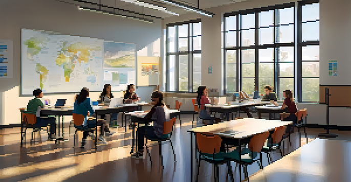 A bright and modern classroom with students of diverse backgrounds engaged in group discussions around a large table, using laptops and notebooks.