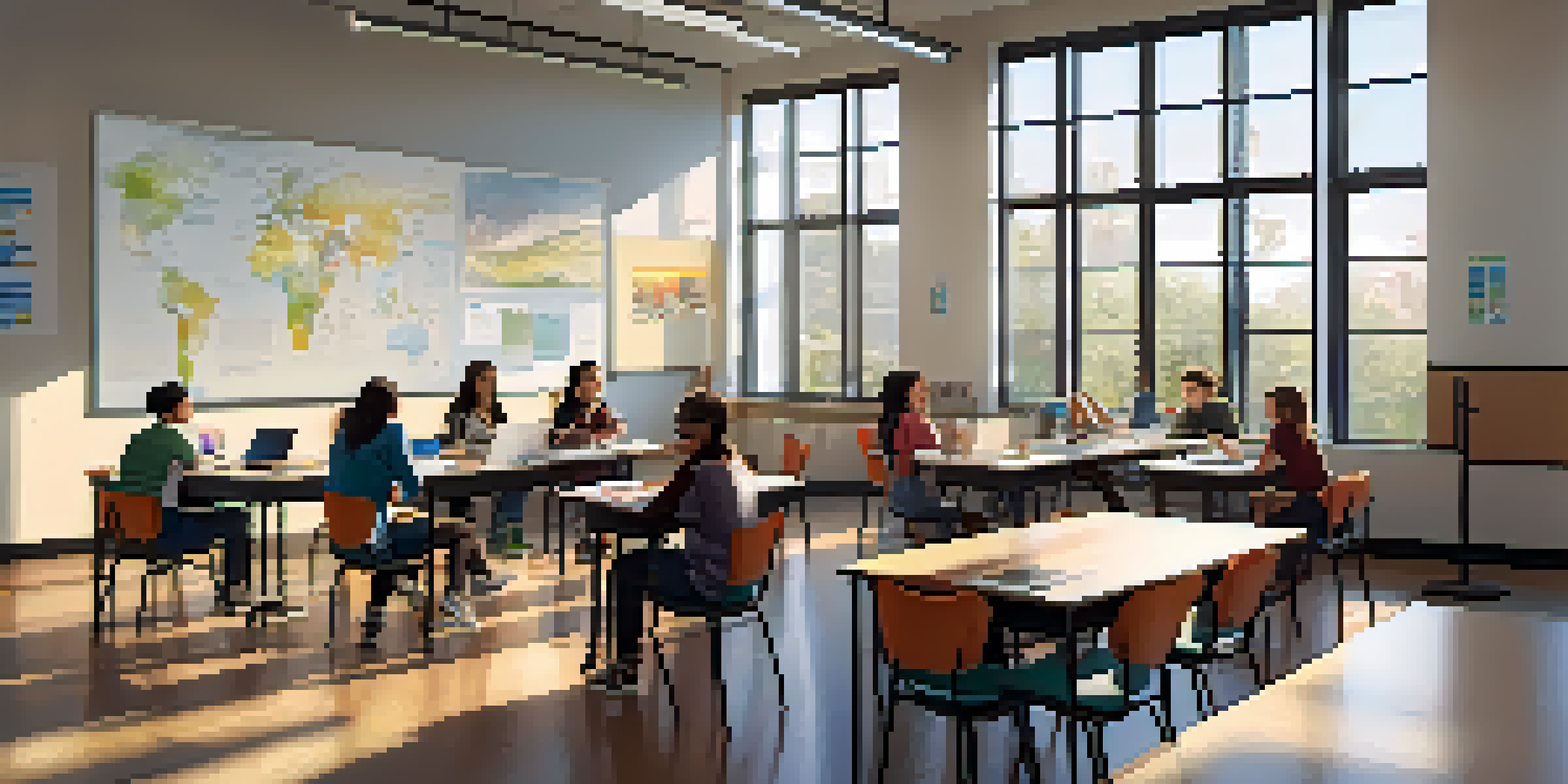 A bright and modern classroom with students of diverse backgrounds engaged in group discussions around a large table, using laptops and notebooks.