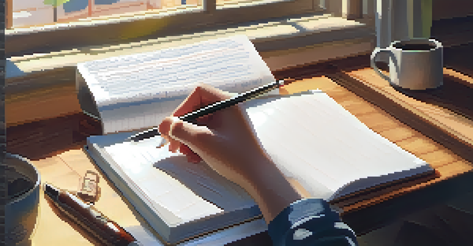 A close-up of a student writing in a notebook with a tablet and a cup of coffee beside them.