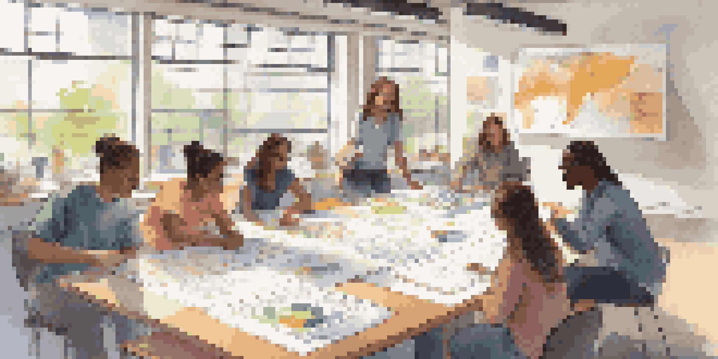 A diverse group of students working together on a project about renewable energy, surrounded by colorful materials in a bright classroom.