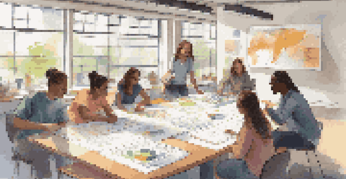 A diverse group of students working together on a project about renewable energy, surrounded by colorful materials in a bright classroom.