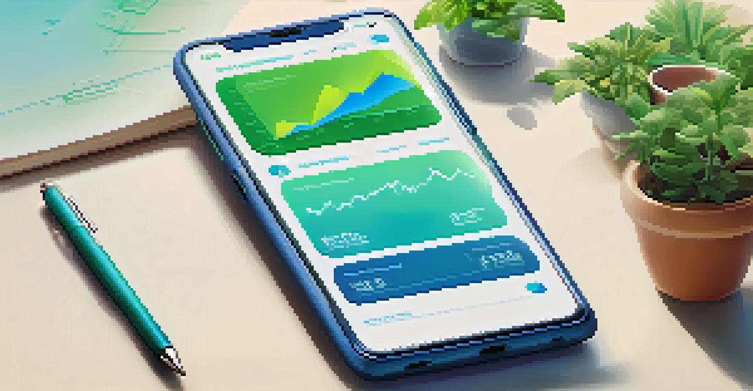 A smartphone showing an investment app, surrounded by plants and a notepad, with a gradient background representing growth.