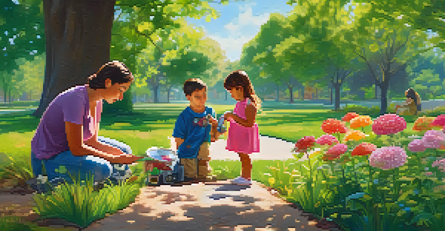 A parent assisting their child in a park while examining a flower with a magnifying glass.