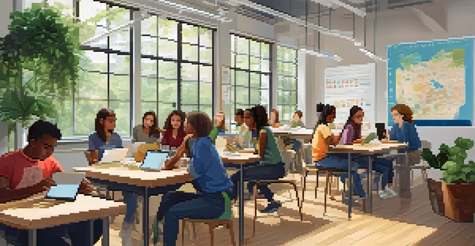 A bright classroom with diverse students collaborating on a project using mobile devices, seated at a round table, surrounded by educational posters and plants.