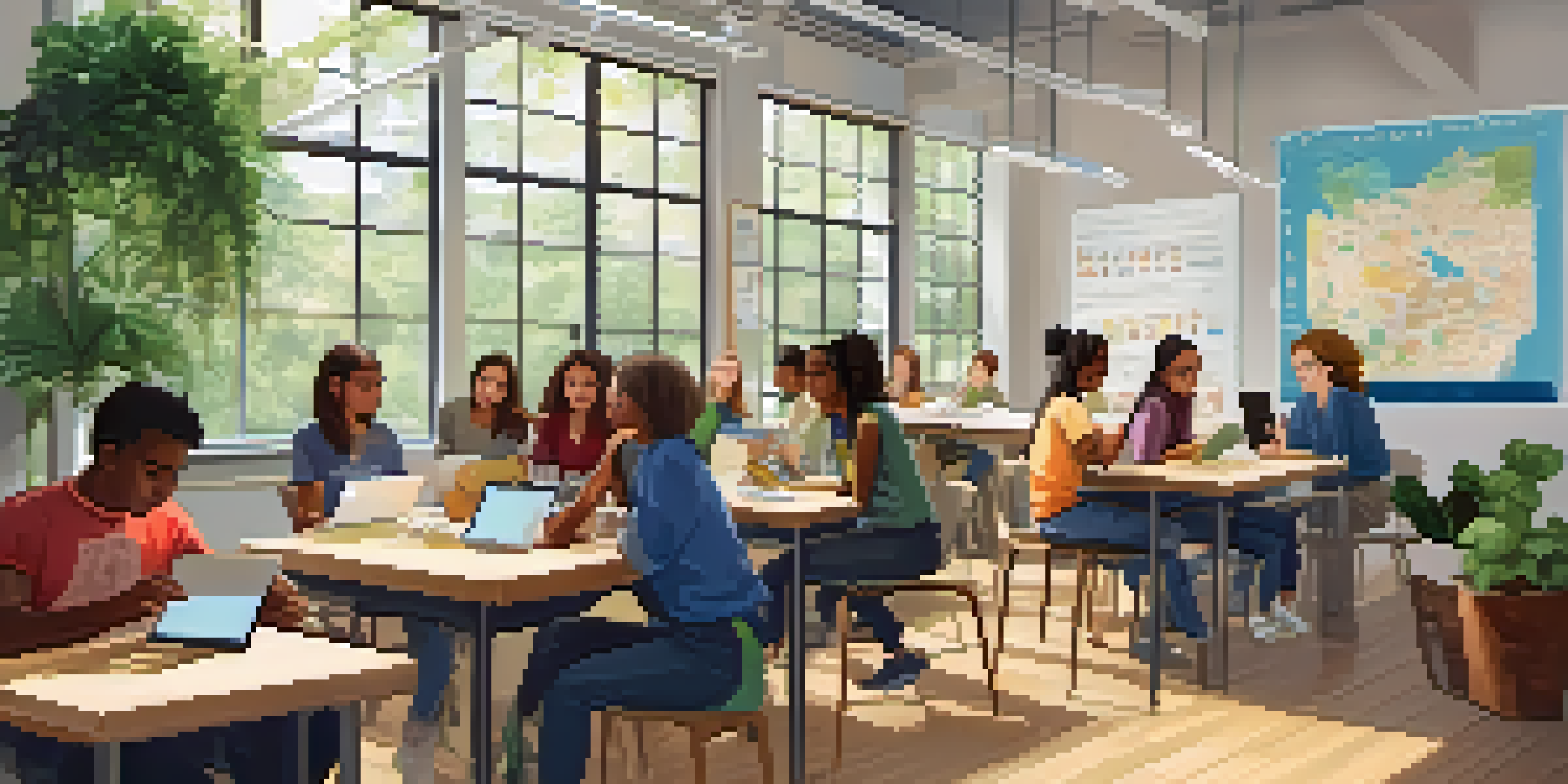 A bright classroom with diverse students collaborating on a project using mobile devices, seated at a round table, surrounded by educational posters and plants.