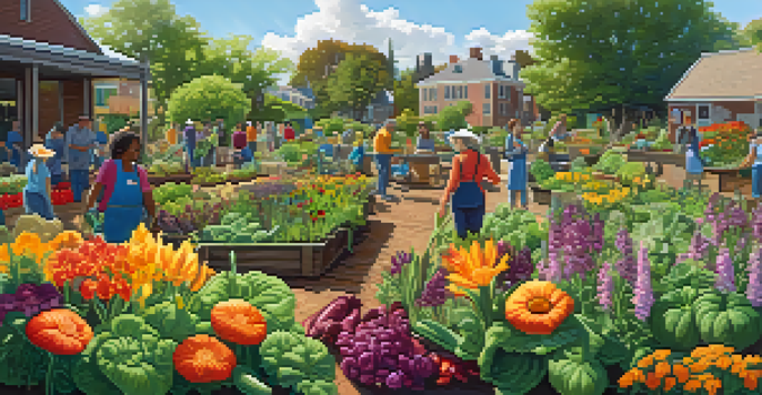 A lively community garden filled with various flowers and vegetables, featuring people planting and harvesting together under the sunlight.