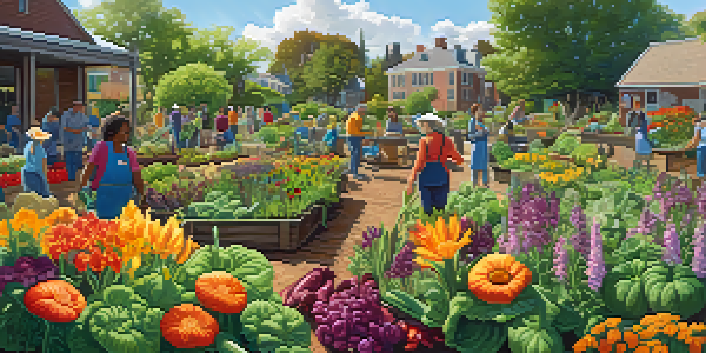 A lively community garden filled with various flowers and vegetables, featuring people planting and harvesting together under the sunlight.