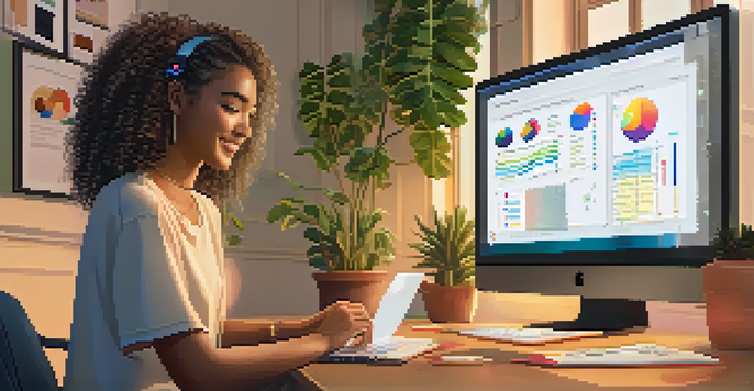A young woman studying in a cozy room, surrounded by plants and books, smiling at her laptop displaying an AI assistant.