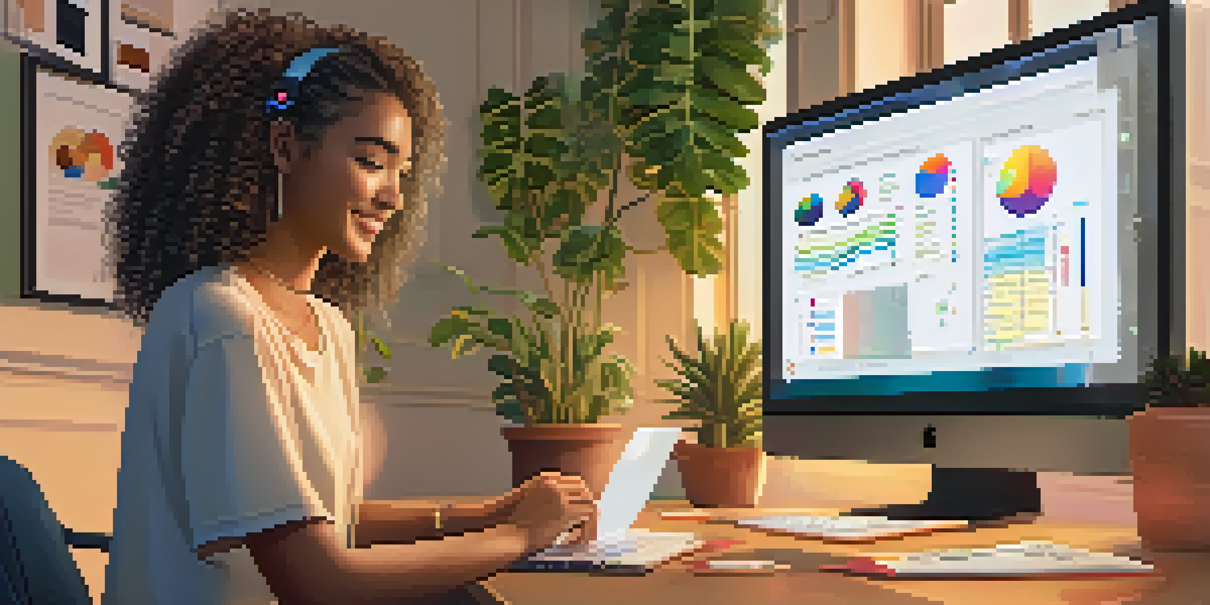 A young woman studying in a cozy room, surrounded by plants and books, smiling at her laptop displaying an AI assistant.