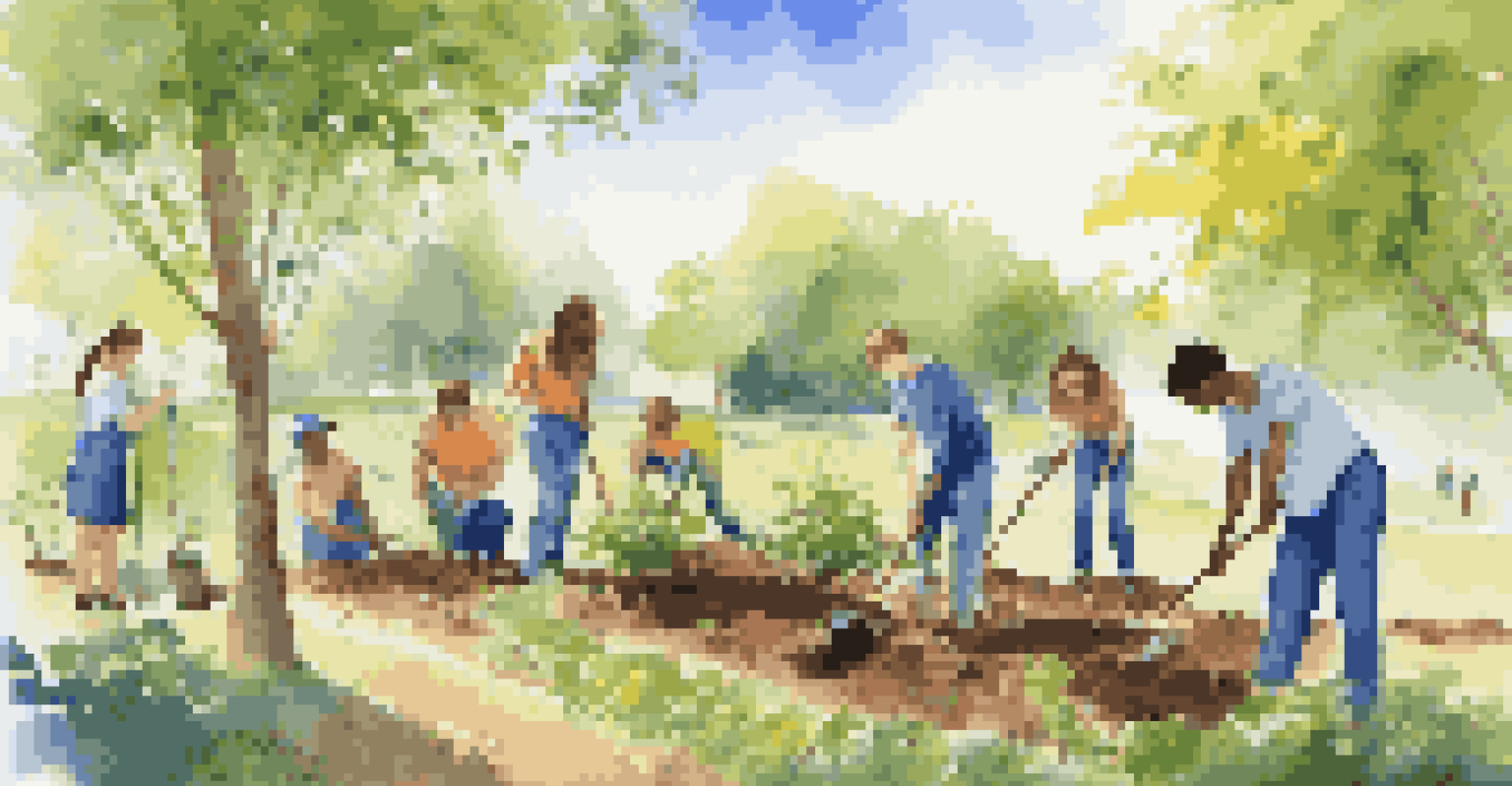 A group of young volunteers planting trees in a sunny park, showcasing community involvement and environmental care.