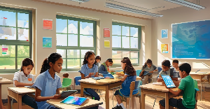 A modern classroom with students using tablets and smartphones, engaged in mobile learning activities, with natural light and colorful educational posters.