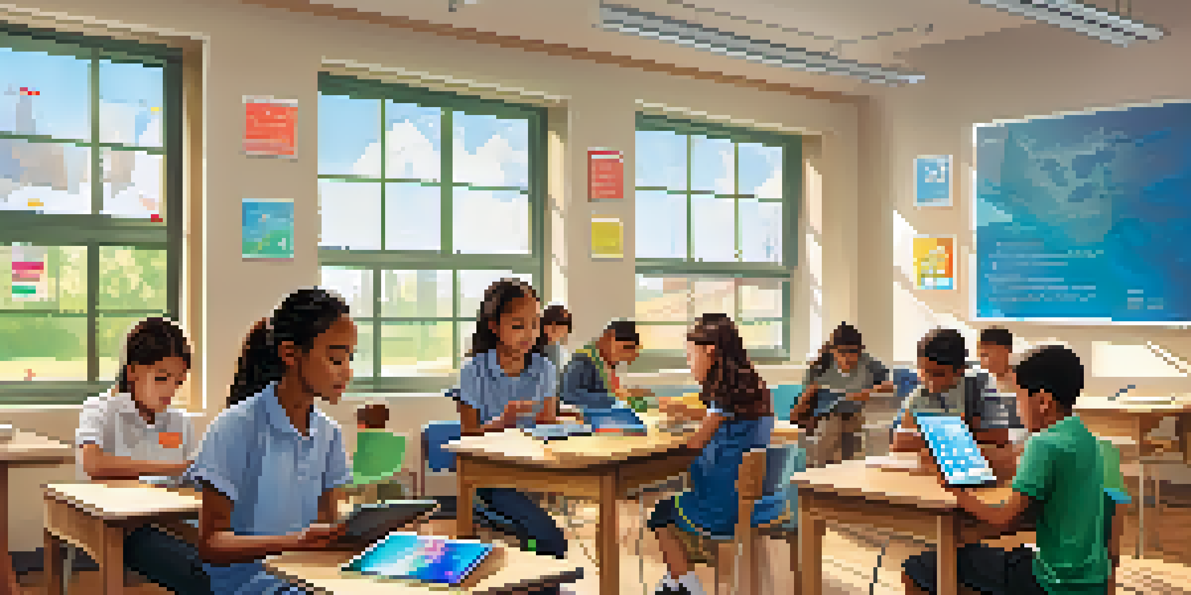 A modern classroom with students using tablets and smartphones, engaged in mobile learning activities, with natural light and colorful educational posters.