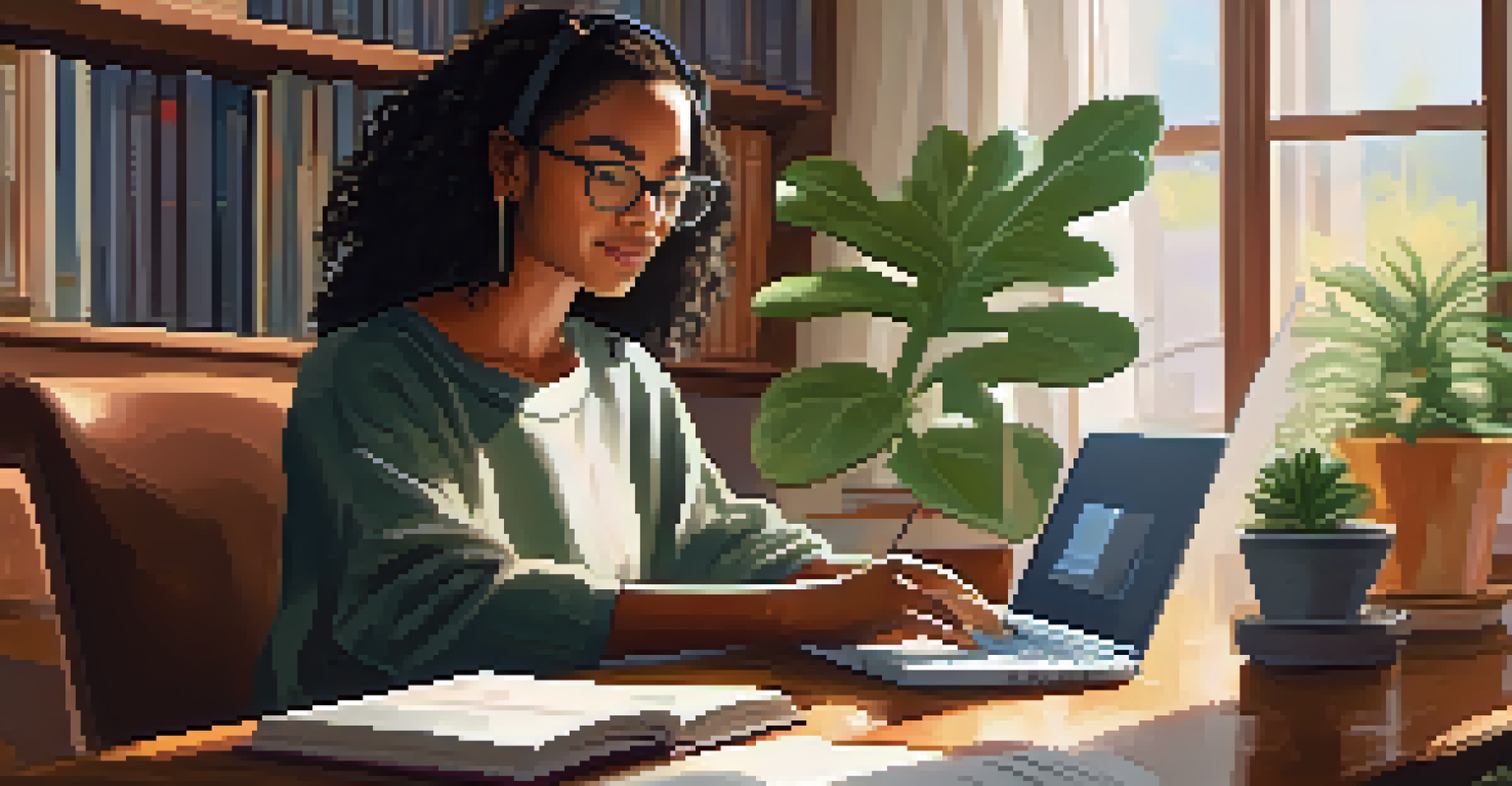 An adult learner studying at home with a laptop, books, and a cup of coffee in a cozy setting.