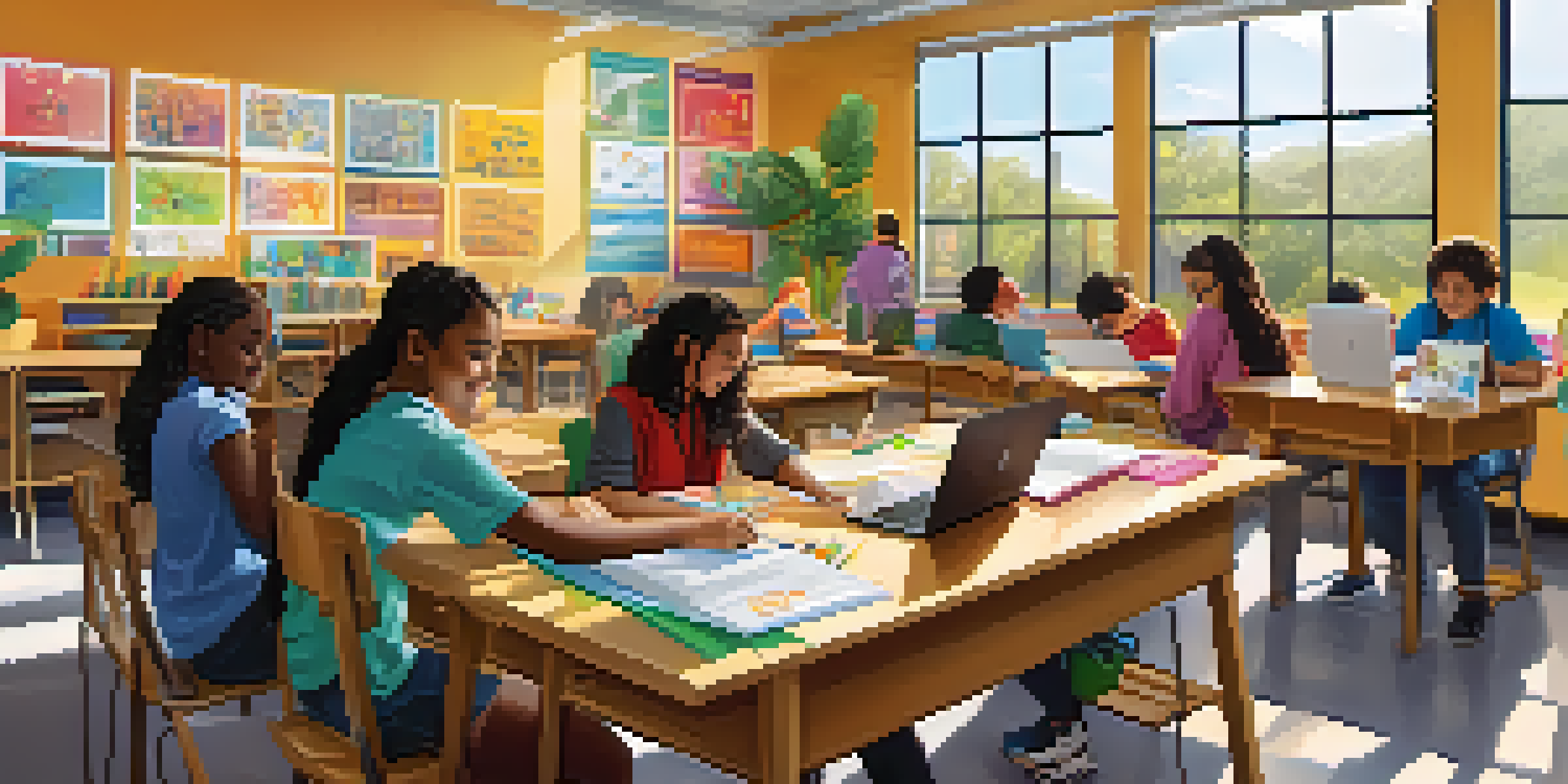 A diverse group of students in a colorful classroom, engaged in different learning activities with natural light and educational posters.