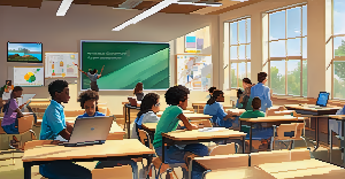 A modern classroom with students participating in blended learning, combining face-to-face and online activities.