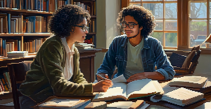 A young man discussing with an older woman in a library, surrounded by books, with warm sunlight coming through the windows.