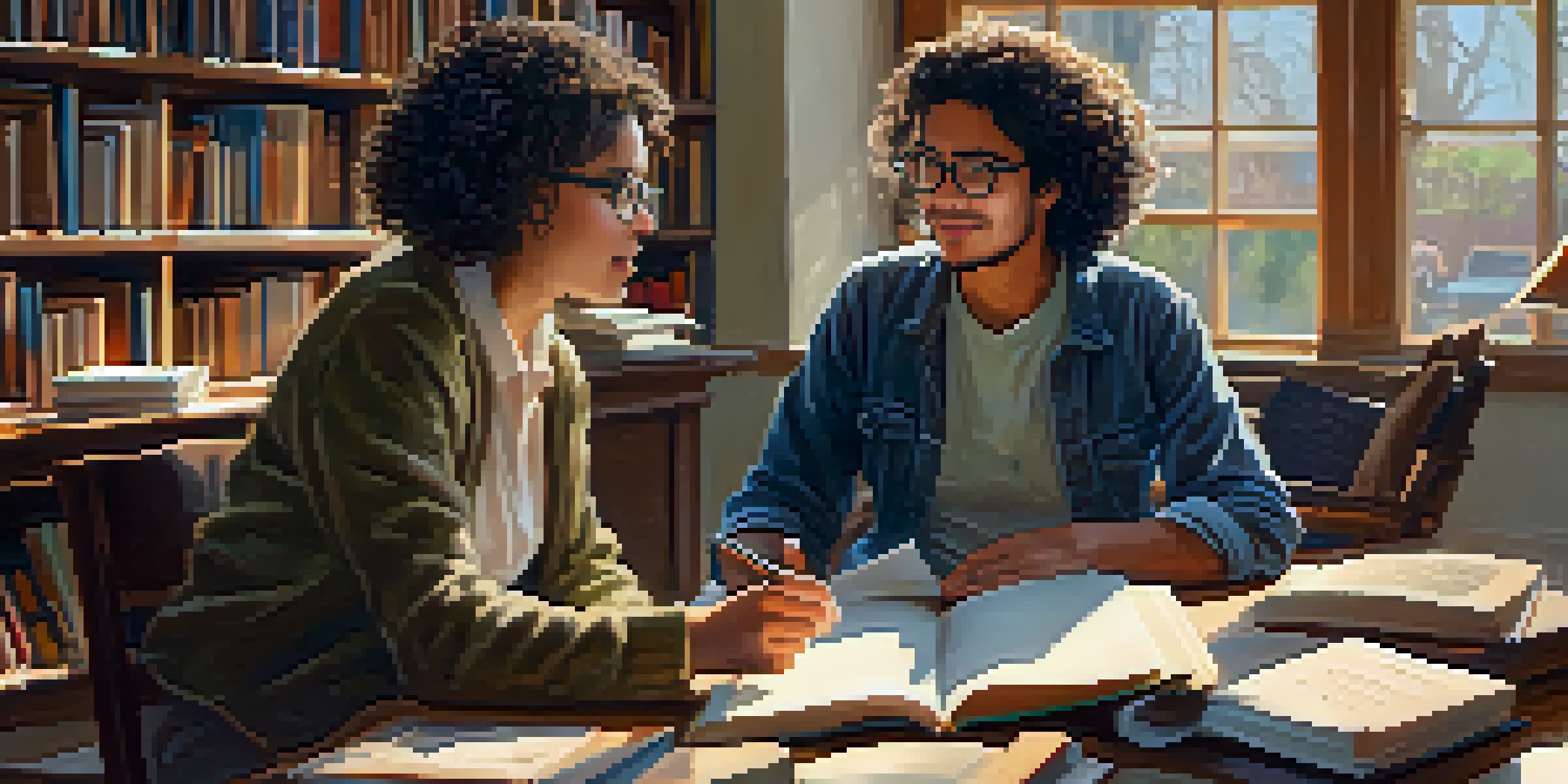 A young man discussing with an older woman in a library, surrounded by books, with warm sunlight coming through the windows.