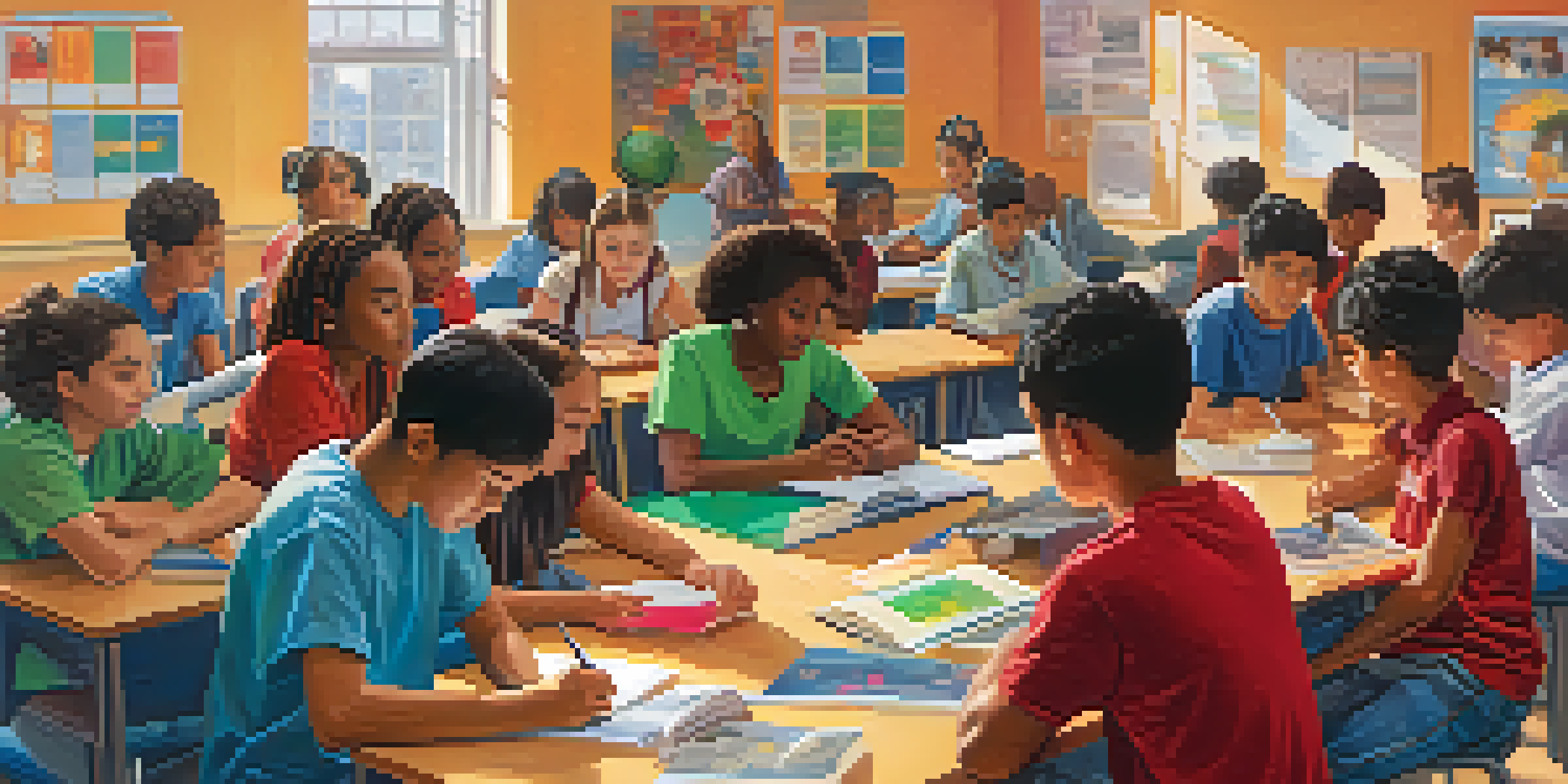 A diverse group of students collaborating in a bright classroom, surrounded by educational materials and engaged in lively discussion.