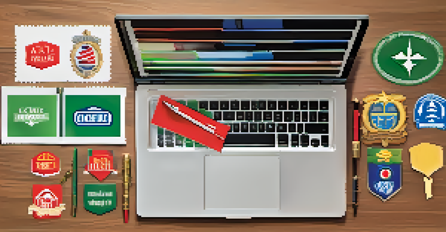 Various Open Badges displayed on a desk with a laptop and a notebook in the background.