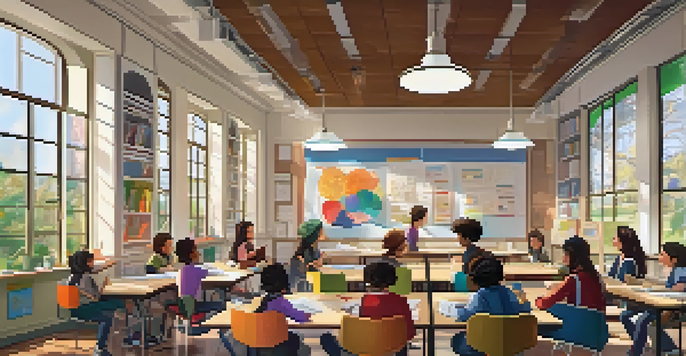 A bright classroom with diverse students working together on a project at a round table, surrounded by educational materials and posters.