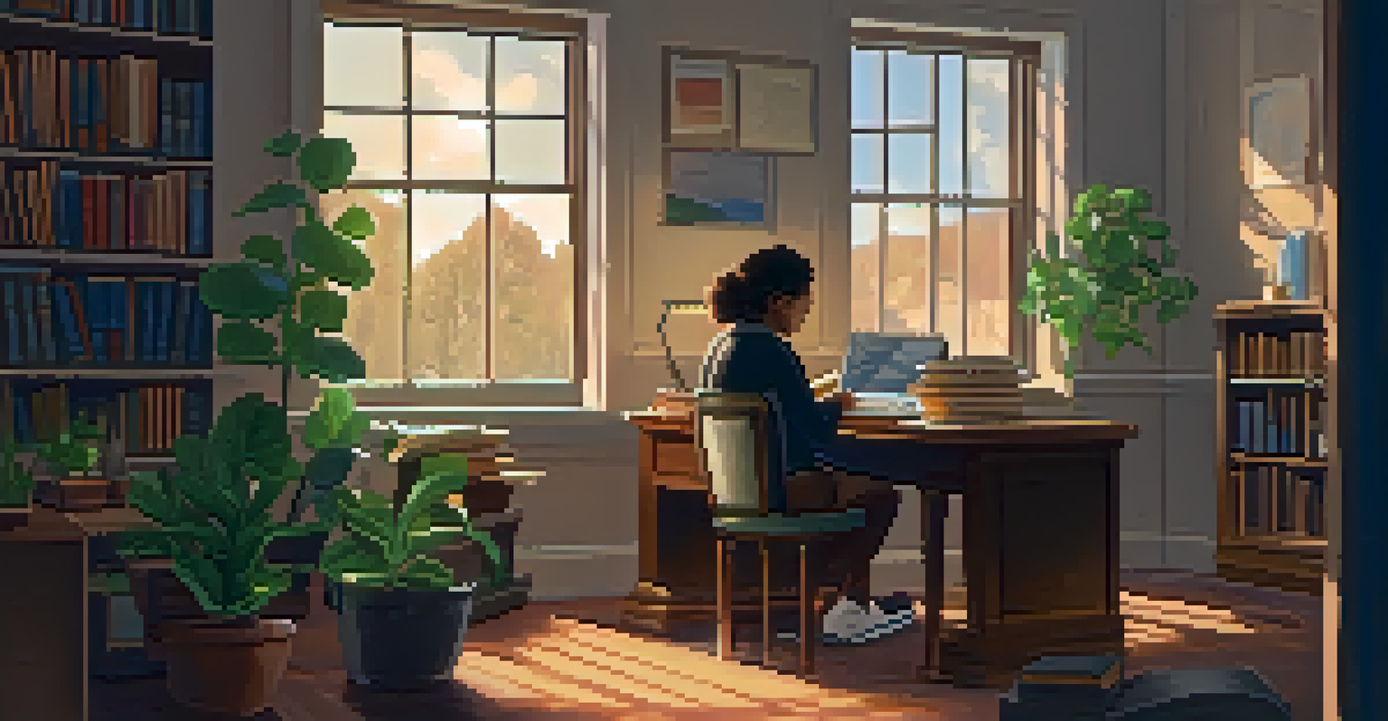 An educator reflecting on their teaching at a desk filled with notebooks and a laptop in a cozy room.