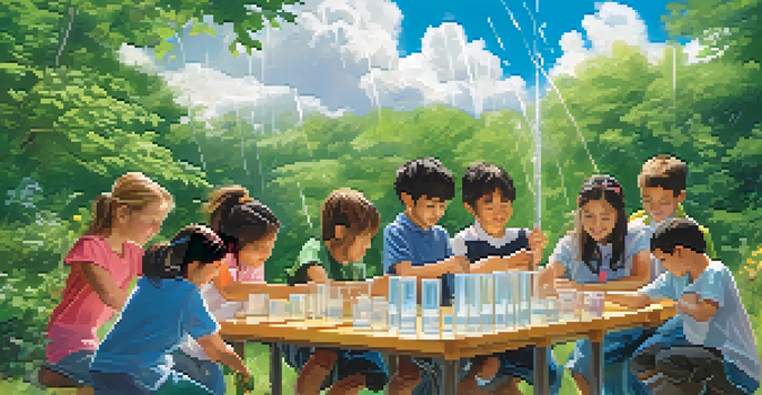 Students measuring rainfall in an outdoor classroom setting, surrounded by greenery and a bright blue sky.