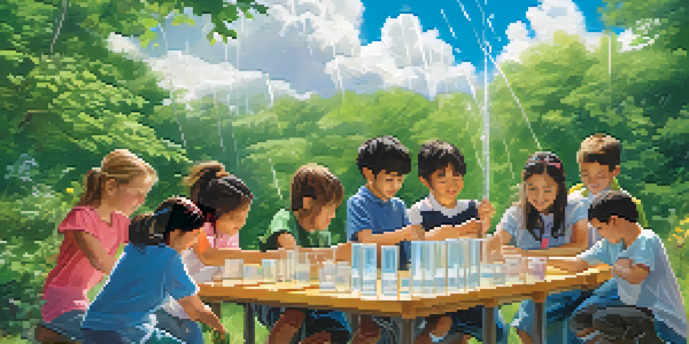 Students measuring rainfall in an outdoor classroom setting, surrounded by greenery and a bright blue sky.