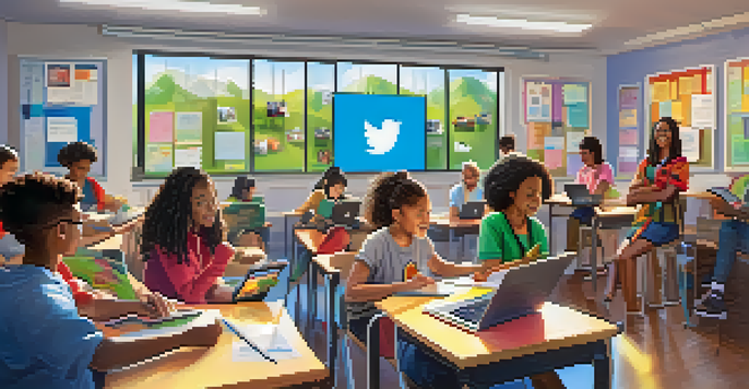 A classroom filled with diverse students participating in a social media education workshop, with colorful posters and bright sunlight.