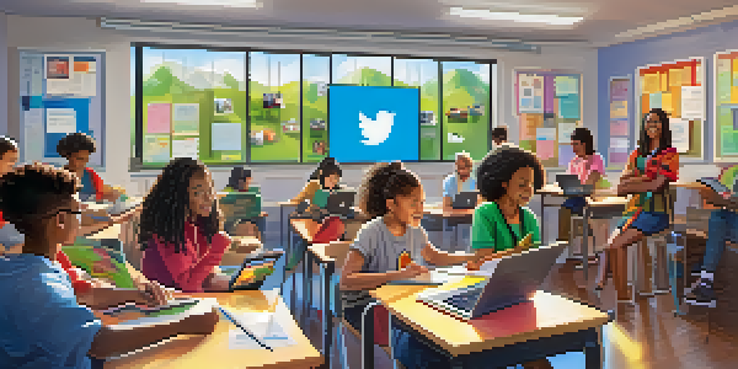 A classroom filled with diverse students participating in a social media education workshop, with colorful posters and bright sunlight.