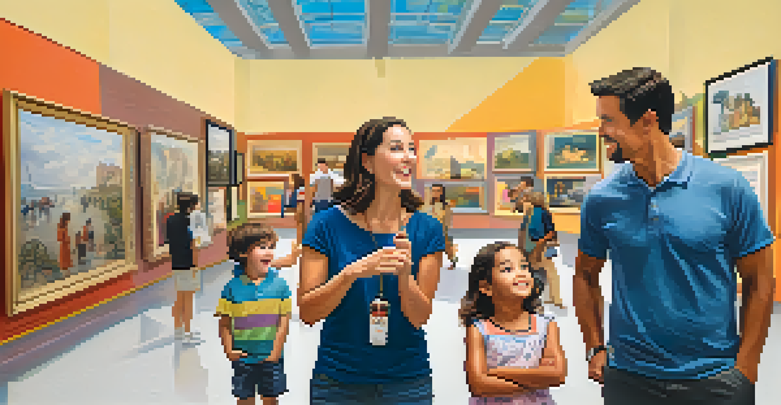 A parent and child in a museum, with the parent pointing at an exhibit while the child looks amazed.
