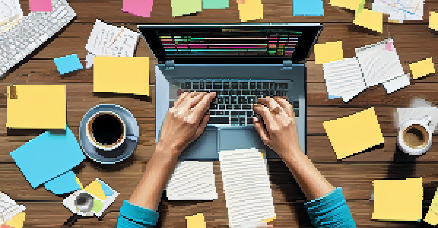 Close-up of hands on a laptop amidst notes and post-it notes, representing teamwork and communication in group projects.