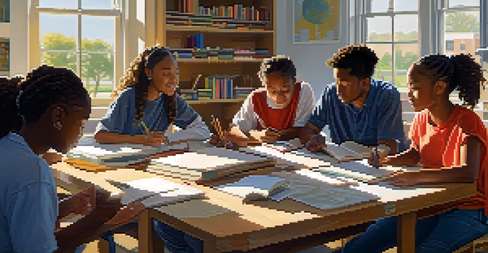 A diverse group of students working together in a bright classroom, surrounded by books and art supplies, discussing solutions in an engaging learning environment.