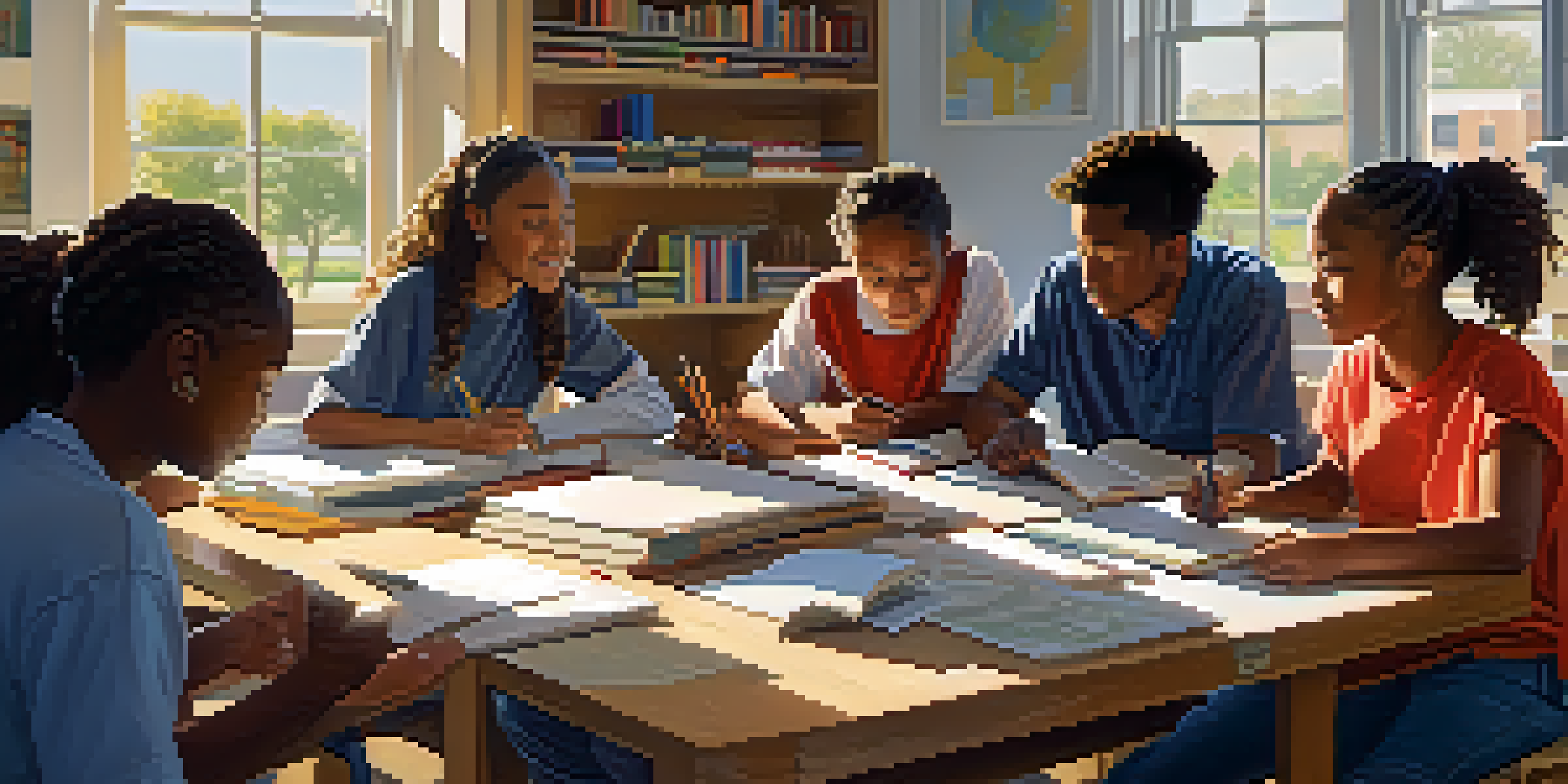 A diverse group of students working together in a bright classroom, surrounded by books and art supplies, discussing solutions in an engaging learning environment.