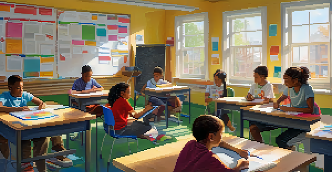 A diverse group of students working together in a colorful classroom filled with educational materials and natural light.